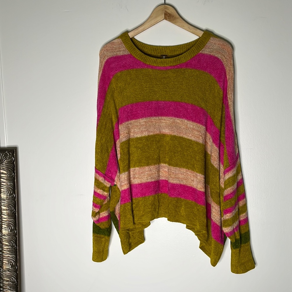 Free People Slouchy Lounge Stripe Sweater Green Blush Pink Women Size Small